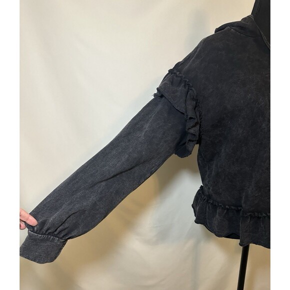Anthropologie T. la Charcoal Ruffle Arm Hem V-Neck Hoodie Sweater Women's MEDIUM - Picture 5 of 8